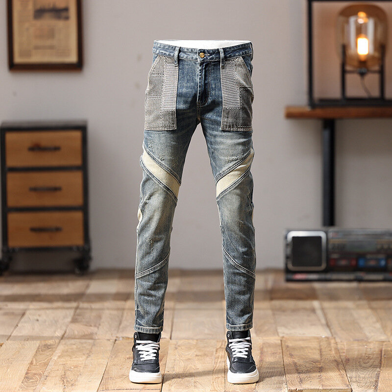 Stitching Design Fashion Street Motorcycle Jeans Handsome Man Trendy Casual Retro Stretch Slim Fit Skinny Pants