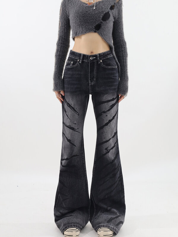 Jeans micro lared para mulheres, estilo streetwear Y2K, vintage wash, casual solto, cintura alta, jeans de perna reta, na moda