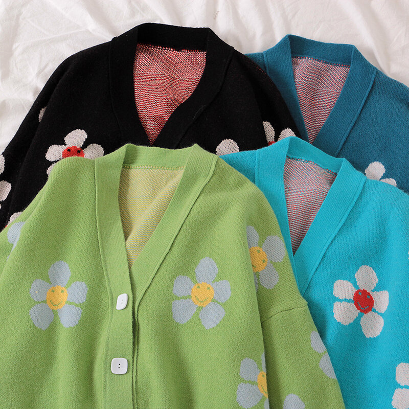 Preppy – cardigan en tricot à fleurs pour Femme, col en V, ample, élégant, imprimé, court, décontracté, 46565