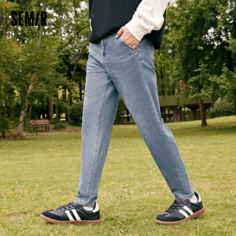 Semir-pantalones vaqueros de estilo americano para hombre, diseño de cinturón Retro, ajuste de moda, pantalones de viaje para pies pequeños, otoño