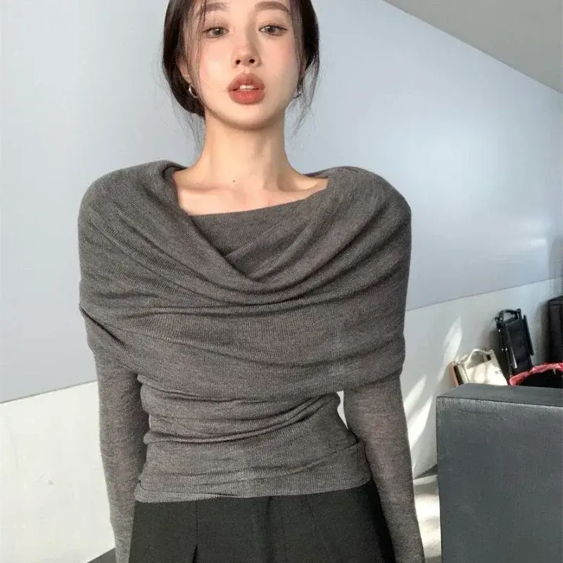 Deeptown-Suéter feminino de malha estilo coreano, jumper feminino elegante fora do ombro, moda Harajuku, pulôver sexy, estético, Gyaru