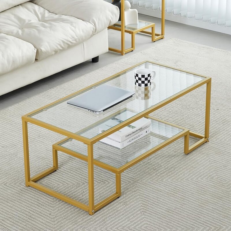 Metal Glass Coffee Table - Two-Tiered with Tempered Glass, Stylish Metal Frame Coffee Table for Bedroom, Dining Room, Office