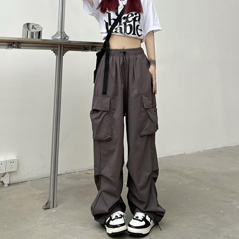 Pantaloni Cargo tascabili Vintage con coulisse a vita alta Streetwear Harajuku pantaloni larghi larghi da donna 2000s pantaloni moda coreana
