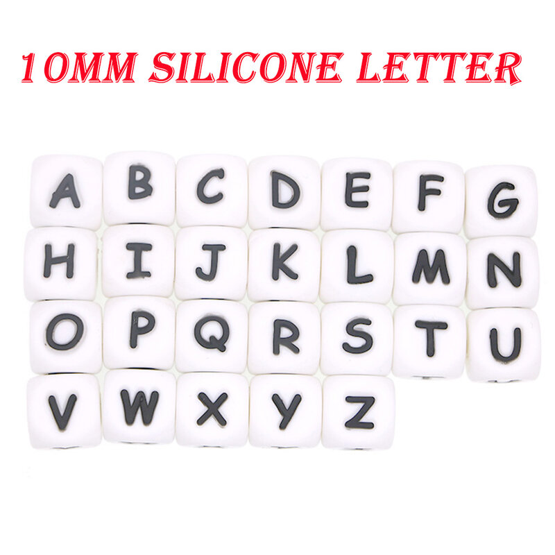 Grânulos de silicone para fazer chupeta personalizada, letras do alfabeto, brinquedo do bebê, acessórios de corrente, 10mm, 50 Pcs, 100Pcs, atacado