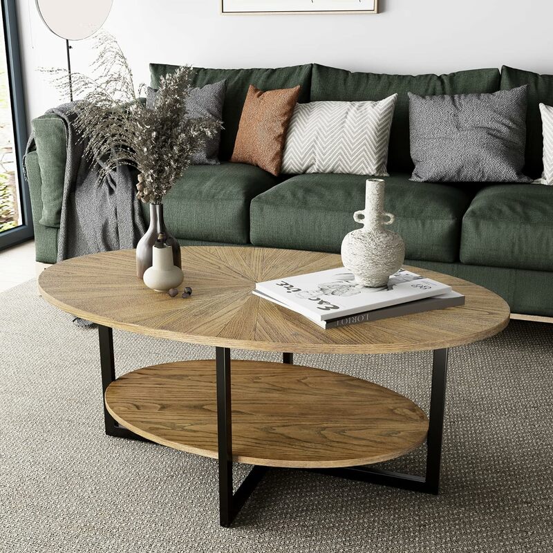 Ovaler Massivholz-Couch tisch mit gekreuzten Metall beinen, 43,3 in modernem industriellem Mittel tisch mit offenem Regal Cocktail-Tee tisch für