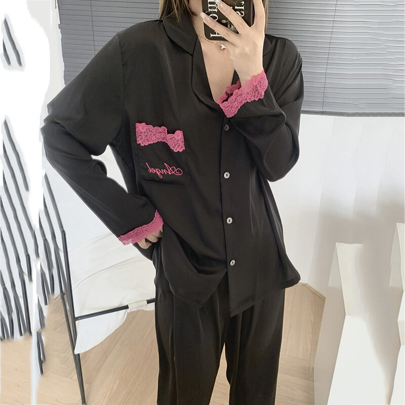 Sexy Black Lace Trim Nightwear Trouser Suits Spring Summer Female Pajamas Silk Satin Loungewear Homewear Two Piece Set Sleepwear