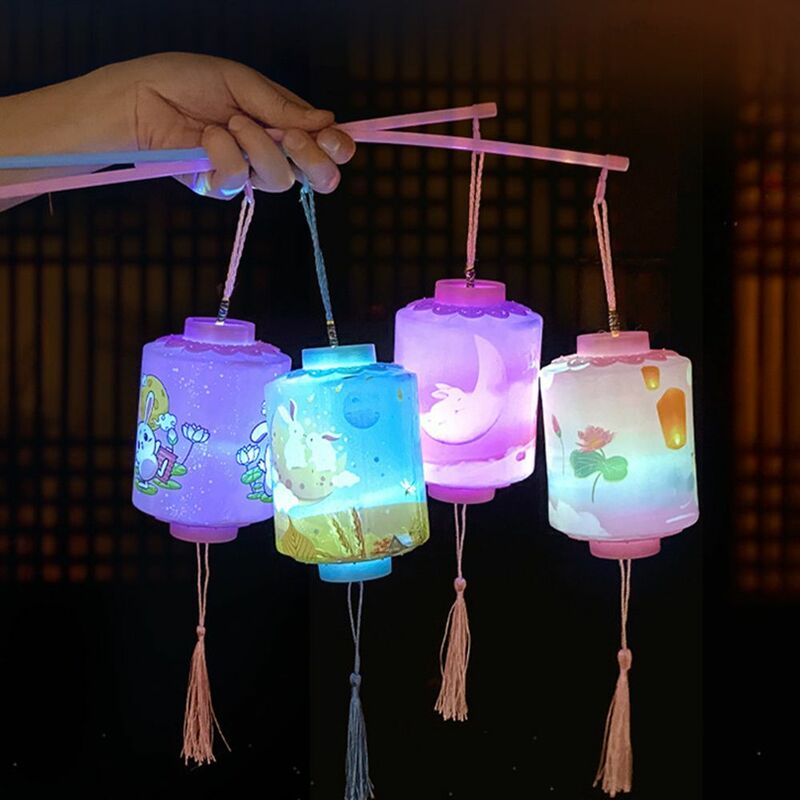 Chinese Handmade Paper Handheld Illuminated Rabbit Lantern Decoration Pendant DIY Moon Light for Mid-Autumn Festival Lucky Bunny