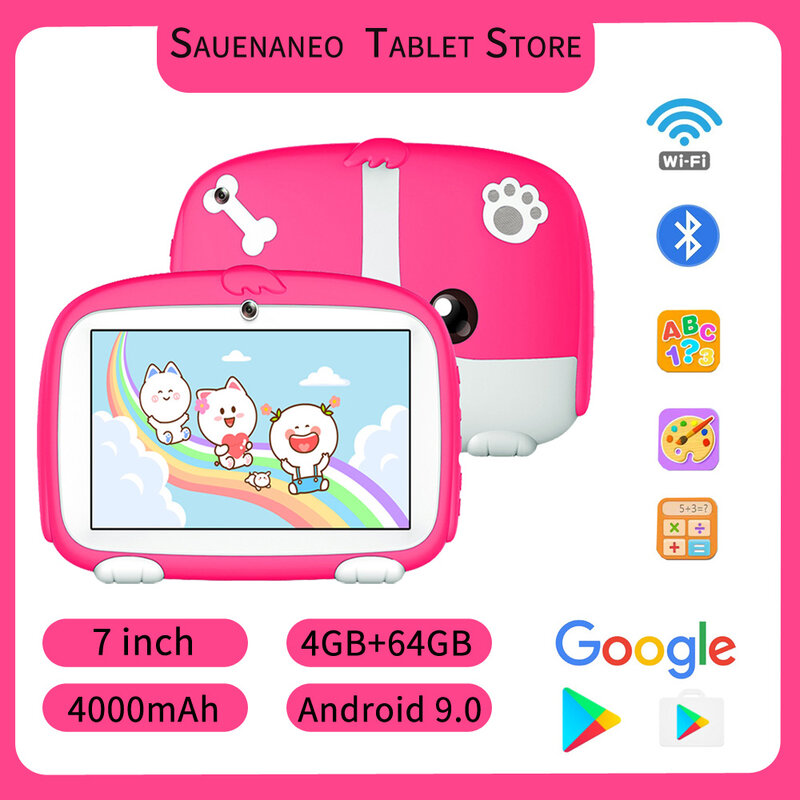 Sauenaneo 미니 태블릿, 안드로이드 9-4GB RAM, 64GB ROM, 어린이 선물, 듀얼 카메라, 4000mAh, 7 인치, 신제품