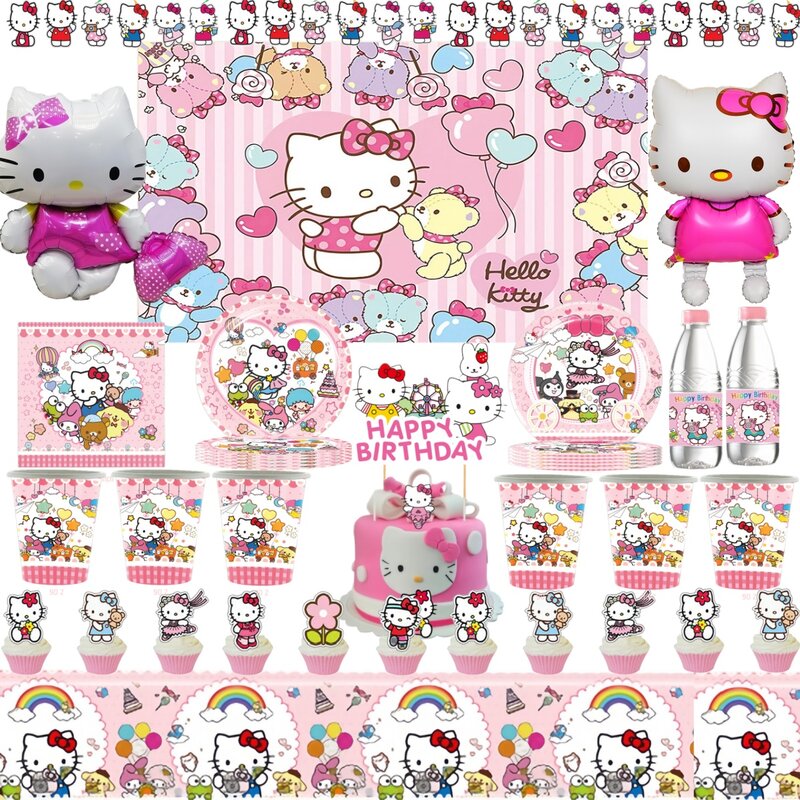 Suministros de fiesta de Hello Kitty, vajilla desechable de gato de dibujos animados, mantel, taza, plato, globos, favores de niñas, decoración de fiesta de cumpleaños