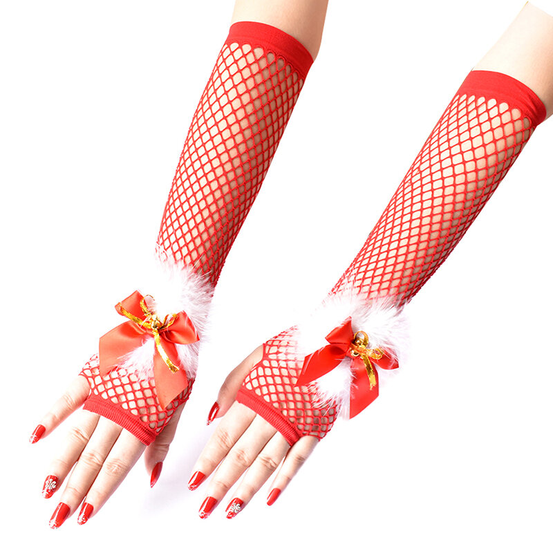 ถุงมือตาข่ายยาวสีแดงสำหรับผู้หญิงถุงมือเซ็กซี่ปาร์ตี้คริสต์มาสถุงมือแนวโกธิคพังค์ร็อคคอสตูมแฟนซี
