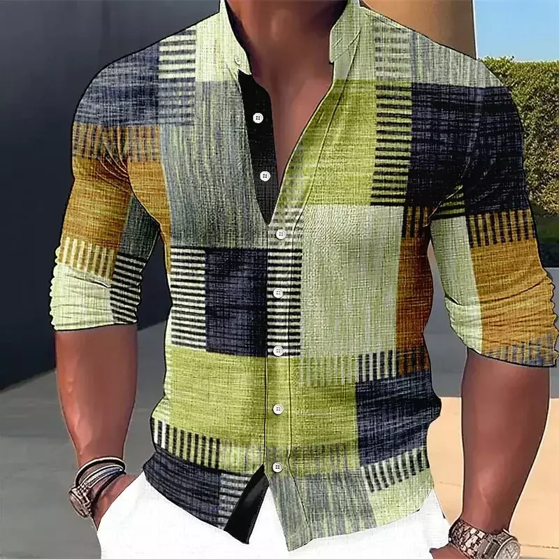 Men's shirt plaid/check pattern geometric stand collar outdoor street long sleeve fashion streetwear design casual