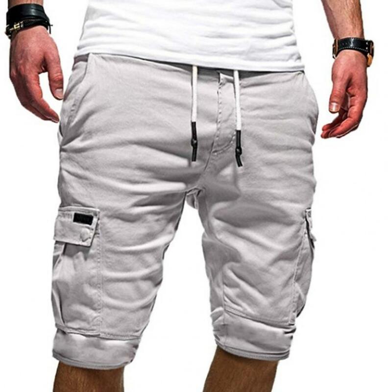Summer Men Sports Cargo Shorts Casual Solid Color Multi Pockets Men Loose Drawstring Cargo Fitness Shorts pantalones cortos