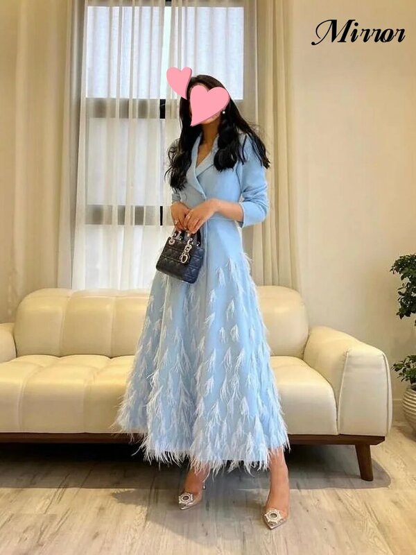 Lustrzana sukienka elegancka w stylu Vintage słodka, niebieskie pióro dekolt w szpic, spersonalizowana piłka formalna okazja sukienka na studniówkę suknie wieczorowe
