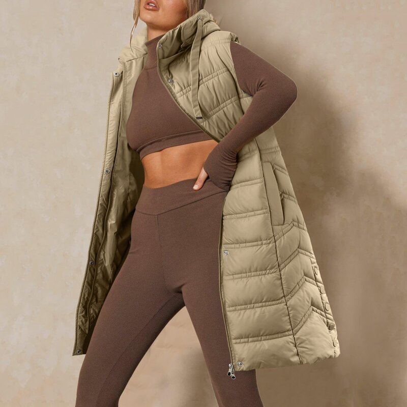 Colete longo de inverno feminino com capuz, sem mangas, jaqueta quente, bolsos, colete ao ar livre, casacos com zíper, streetwear ao ar livre