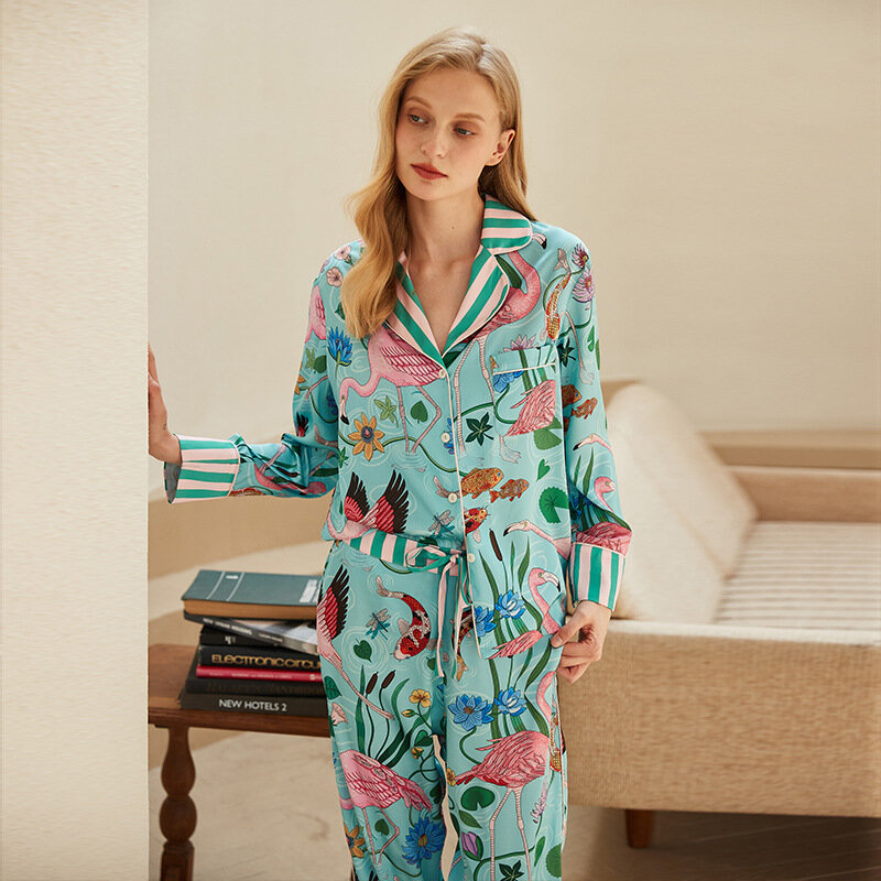 Ins Style Design Ice Silk Flamingo Pajamas Women's Spring Summer Long Sleeves Pants Home Suit Plant Flowers Sleepwear Female
