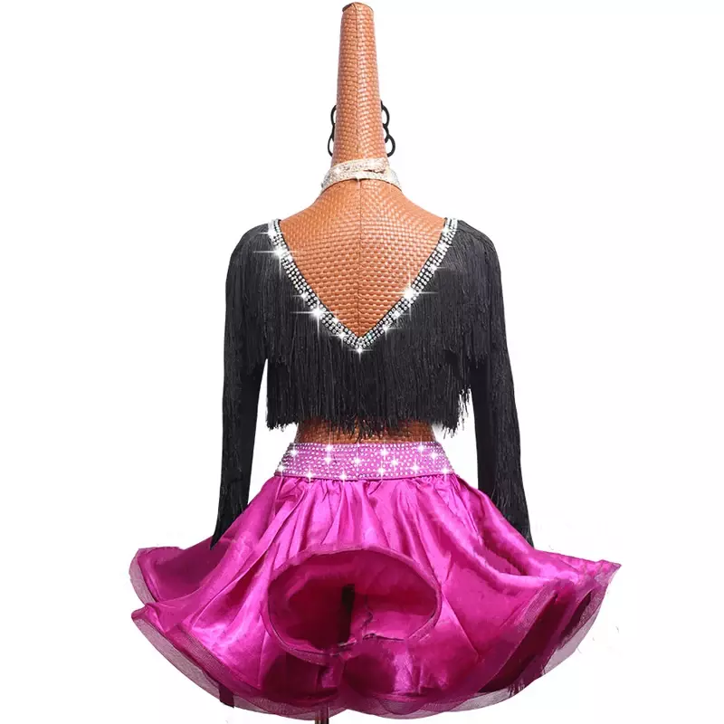 Donne vestito da ballo latino costumi da competizione abbigliamento da prestazione gonna a lisca di pesce nappa a maniche lunghe con scollo a v nero per bambini