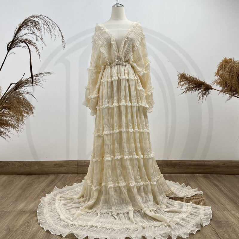 Sukienka do fotografii ciążowej z długim rękawem z falbanami i koronką kobieta Babyshower sesja zdjęciowa odzież plażowa ślubne