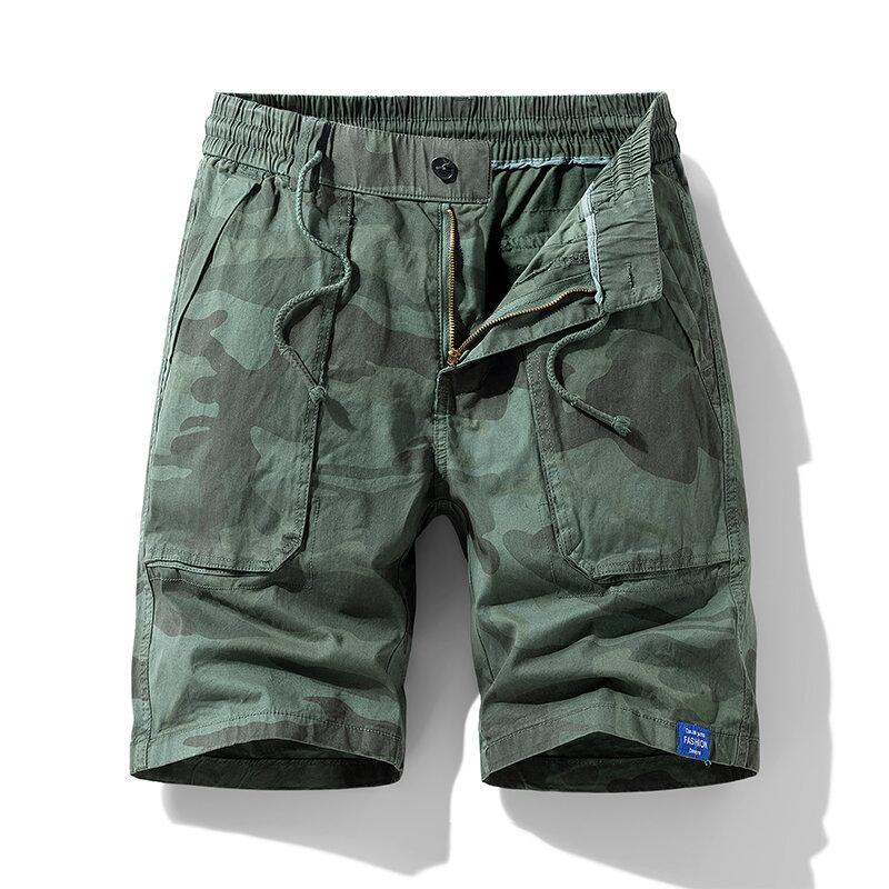 Celana pendek kasual kamuflase, celana pendek selutut tali serut gaya Safari elastis dasar lurus musim panas untuk pria
