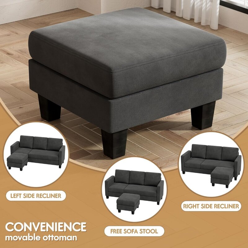 Sofá secional conversível com tecido de linho, 3 assentos sofá em forma de L, sofá do escritório