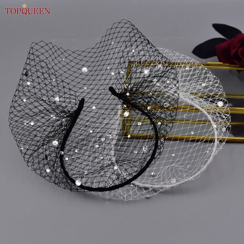 Topqueen-女性用の取り外し可能なラインストーン付きチュールケージベール,フェイスビードーム,結婚式,真珠付きのシンプルで取り外し可能