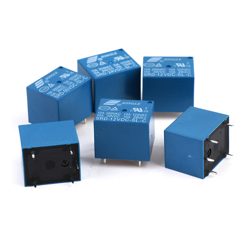 Relés de corriente de 5V, 12V, 24V, SRD-250VAC, 10A, 5 pines, color azul, 10 piezas