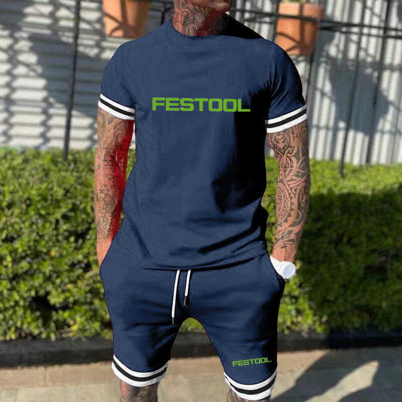 Shorts de treino e camiseta de manga curta masculina, camiseta casual de algodão estampada com ferramentas Festool, terno de duas peças, moda verão