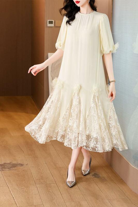 Dress Midi wanita, Gaun Midi bordir manik-manik motif bunga mewah musim panas model Korea elegan longgar untuk wanita