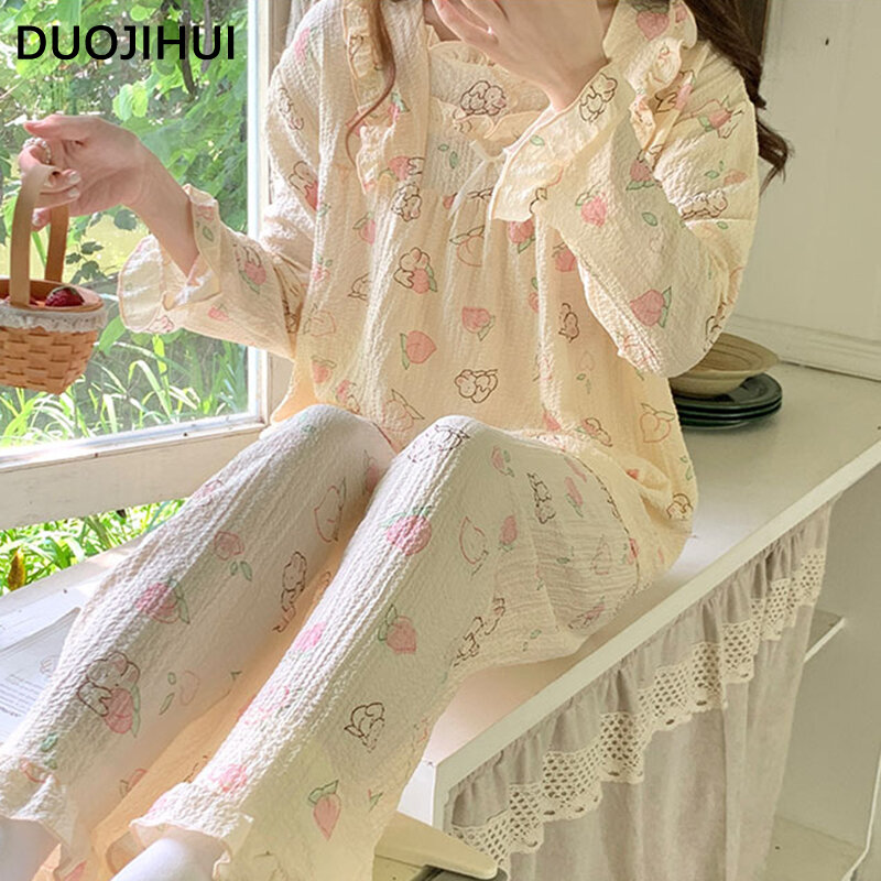 DUOJIHUI Two Piece Fashion Floral Printing Autumn Pajamas for Women New Sweet Ruffles Chic Bow Loose 8-colors Female Pajamas Set