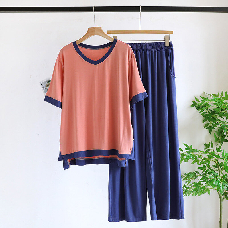 Women's Thin Modal Home Clothing Set Patchwork V-neck Short Sleeves+Pants Comfortable Pajamas Spring Summer Lady Loose Sleepwear
