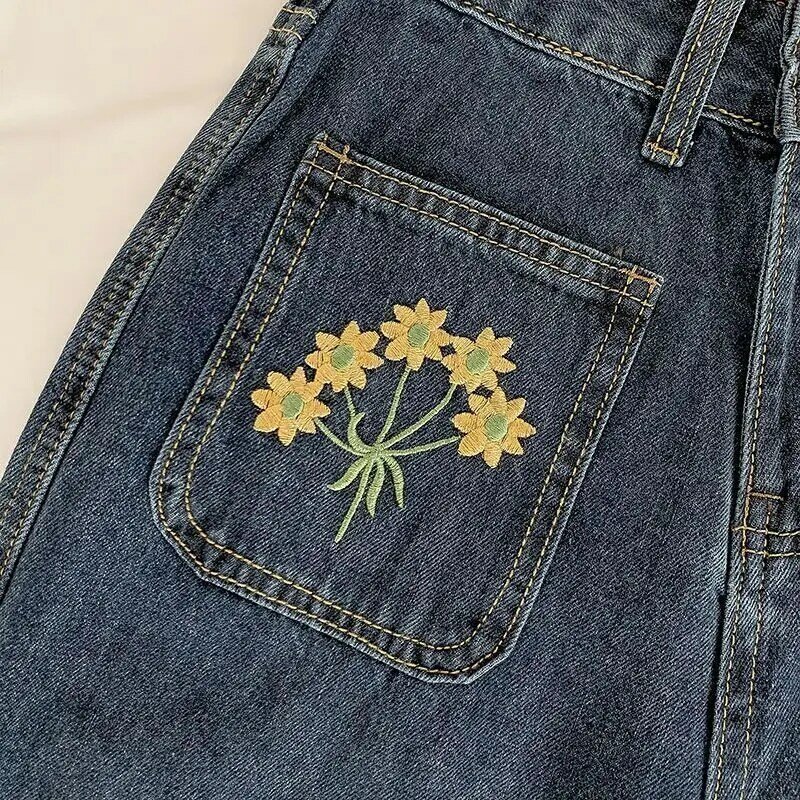 Vintage floral bordado jeans primavera 2023 das mulheres nova moda cintura alta versátil tamanho grande largas calças de perna larga solta