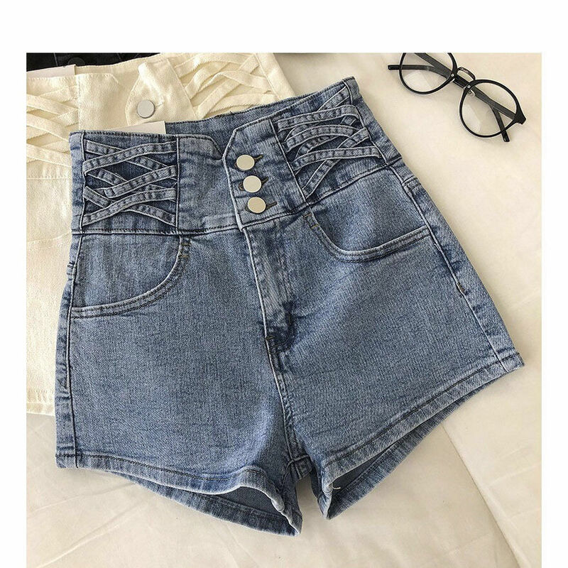 Shorts jeans de cintura alta para mulheres, jeans monocromático, slim fit, single-breasted, tamanho grande, calça feminina quente, jeans curtos casuais, verão