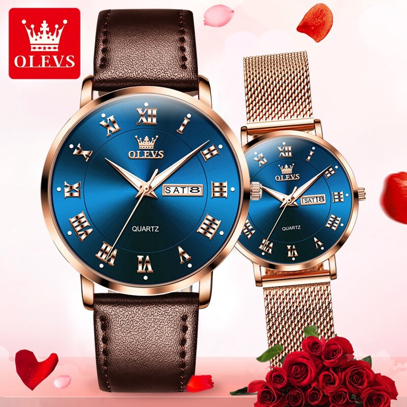 Olevs Modemarke Paar Uhr Luxus wasserdichte Quarz Armbanduhr Wochen kalender leuchtend sein und ihr Kleid Liebhaber original
