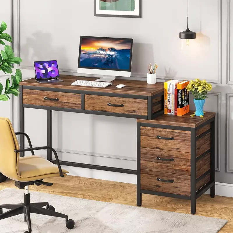 Mesa do computador com 5 gavetas, Mesa do PC Industrial com Armazenamento, Mesas de Home Office, Gabinete de gaveta reversível