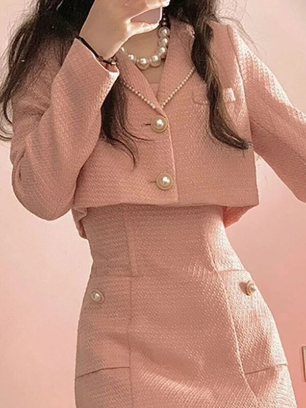 Herfst Roze Elegante Tweedelige Set Vrouwen Koreaanse Stijl Balzer Jas + Band Mini Jurk Set Dames Effen Casual Slanke Designer Set 2023
