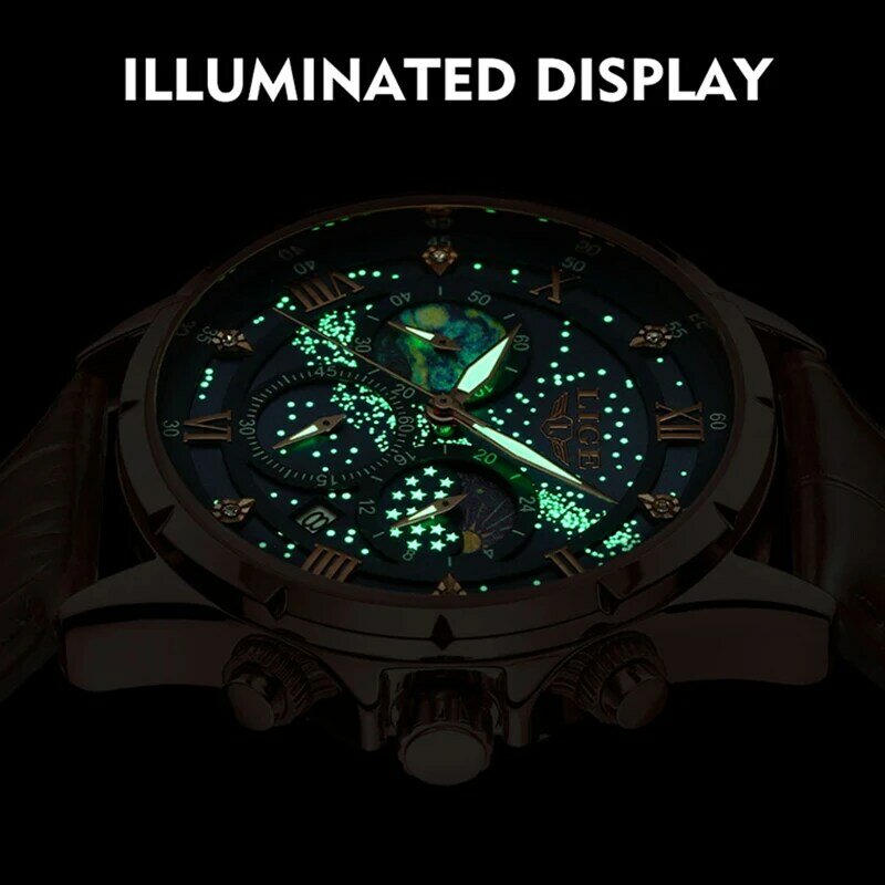 Часы наручные LIGE Мужские кварцевые с хронографом, брендовые Роскошные спортивные армейские в стиле милитари, с кожаным ремешком