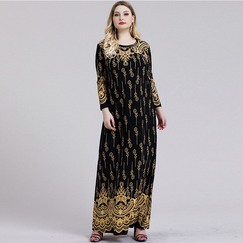 EDressU 2022 Gaun Panjang Wanita Abaya Jubah Muslim Arab Print Ukuran Plus Gaun Lengan Panjang Kualitas Tinggi Emas Hitam SJ-20261