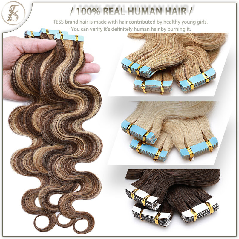 Tess, волнистые накладные волосы, человеческие волосы, 2,5 искусственные натуральные волосы для наращивания, клейкая кожа, уток, двусторонние бесшовные Невидимые