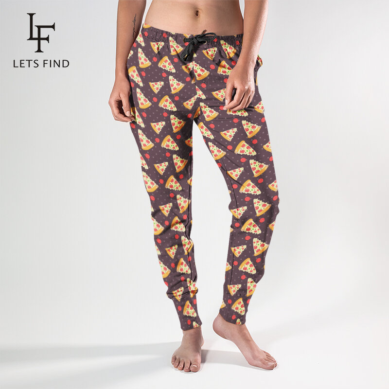 LETSFIND Fashion 3D Cartoon Pizza Print Girl Jogger Pant Women Casual Streetwear Elastic Waist Pants with Pockets