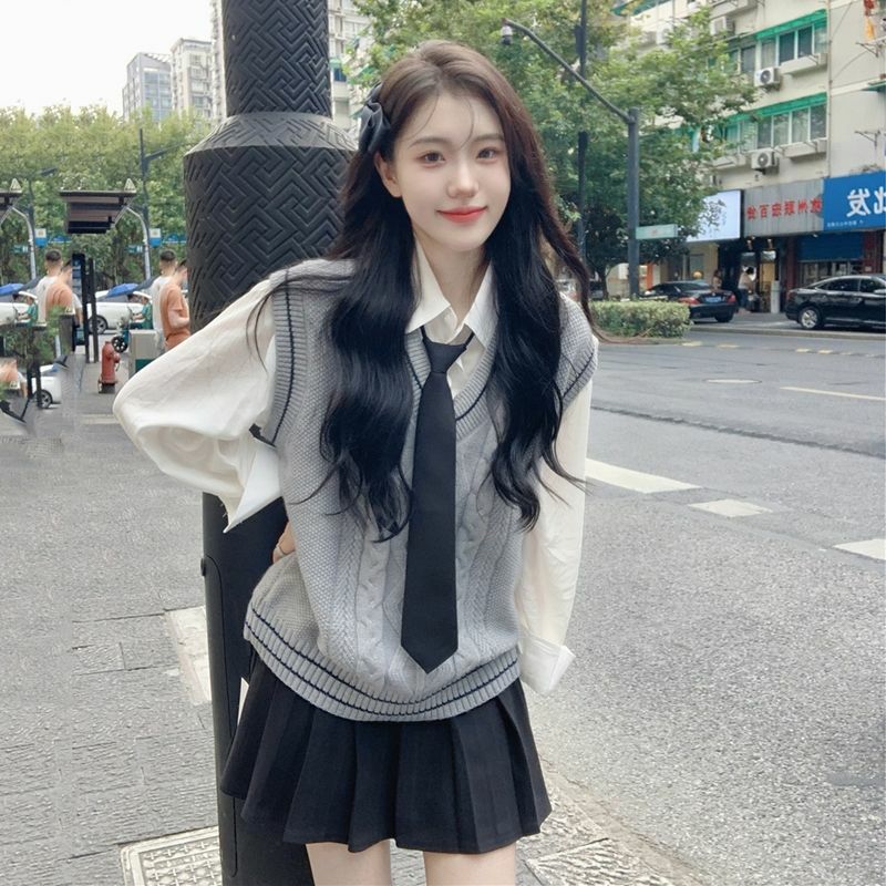 Camisa de malha com decote em v e saia plissada para mulheres, uniforme escolar, moda japonesa e coreana, estilo universitário, outono, novo