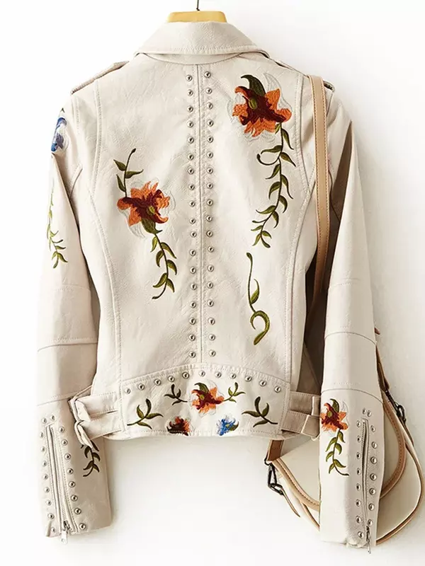 Kmetram-女性のための柔らかい合成皮革のジャケット,レトロなスタイルとポリウレタンの襟,花柄,パンク,ファッショナブル