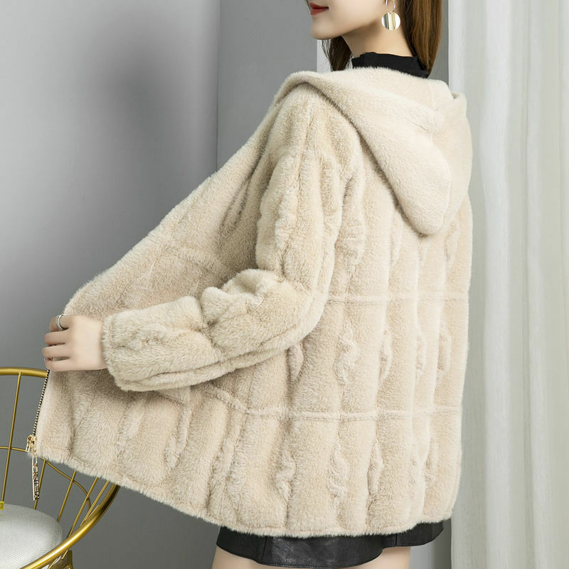 Chaqueta esponjosa de lana con capucha para mujer, abrigo de visón de imitación de gran tamaño, holgado, con cremallera, ropa de exterior Harajuku, ropa de nieve, 3xl, Invierno