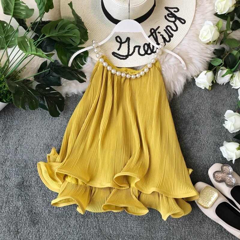 2023 Summer Korean Hanging Neck Style Pearl Decorative Tank Top Curled Chiffon Top Ruffled Bottom Loose Doll Top Sleeveless Top
