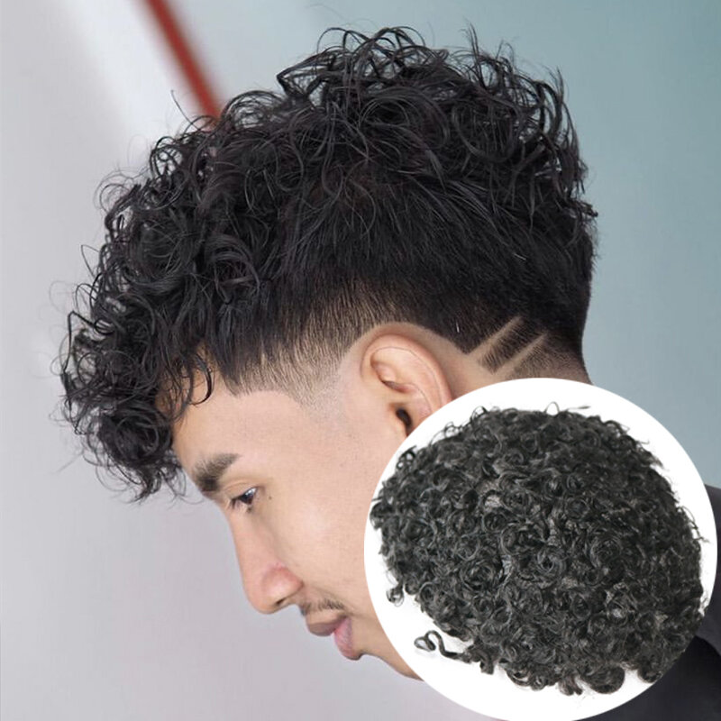 2024 baru 18mm rambut palsu pria keriting tahan lama kulit tipis dasar Pu penuh Sistem prostesis rambut manusia pria garis rambut alami untuk pria hitam