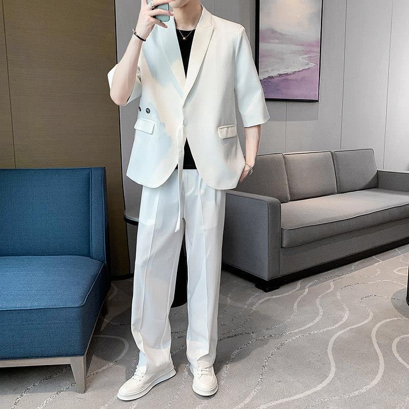 Traje de estilo fragante para hombre, traje holgado de media manga con pantalón de pierna ancha, 2-A1