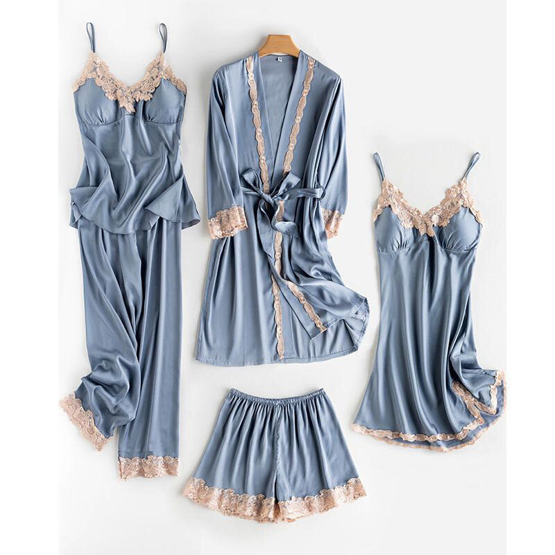 Pijama feminino sexy de seda gelada, roupa de casa alta, conjunto de 5 peças com almofadas no peito, primavera, verão, 2022