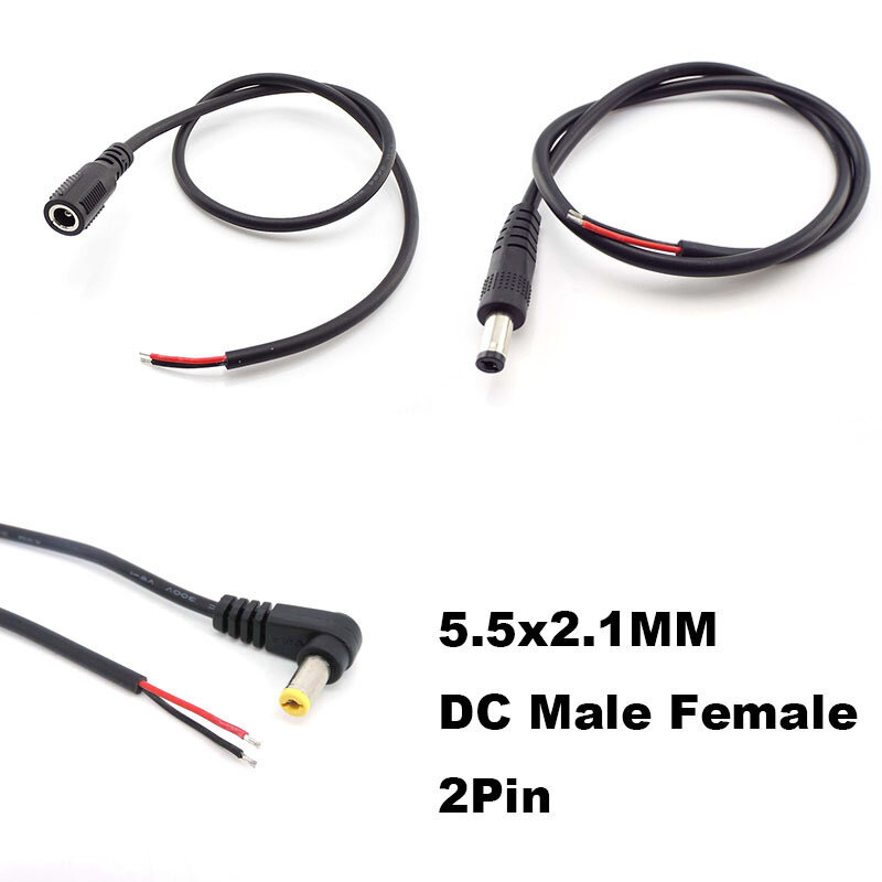 DC MALE Feminino Conector Anjo Direito, 5.5x2.1mm, 22AWG, 90 Graus Plug Power, Cabo de Extensão, Preto Conector de carregamento, Cotovelo Cord, 1 Pc, 4Pcs