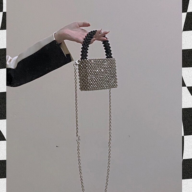 Bolso de mano cuadrado pequeño con cuentas caseras para mujer, Mini sobre cruzado con textura mate, bolso de mano de lujo, negro y plateado