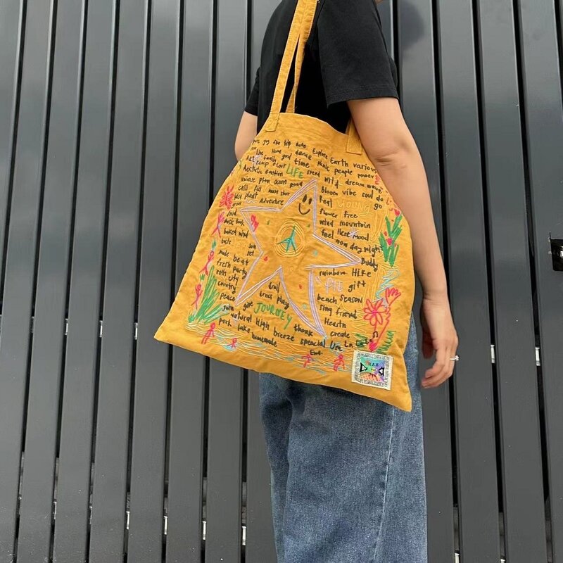 Женская сумка, Холщовая Сумка с вышивкой, вместительная Ретро сумка-тоут на одно плечо, модная сумка для покупок