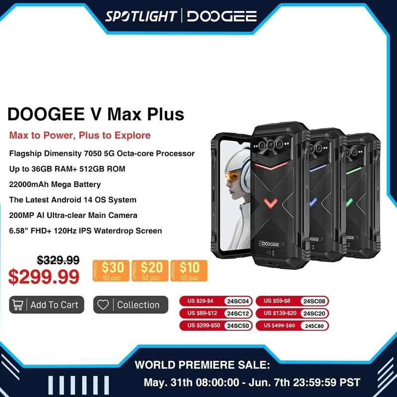 DOOGEE V Max Plus Rugged 6.58 "120Hz 36GB(16 + 20) 512GB 200MP Ai Camera 22000mAh effetto illuminazione batteria Android 14