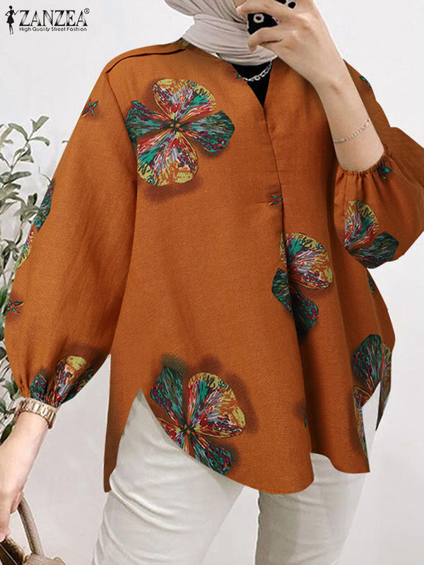 ZANZEA-Blusa Vintage con estampado Floral para mujer, camisa musulmana de manga 3/4 con cuello en V, Tops bohemios para vacaciones, ropa islámica informal, Primavera